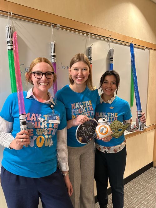 Hannah with Josie and Emery from the Aivi Nguyen lab at Hannahs post-thesis defense party on May 4th.